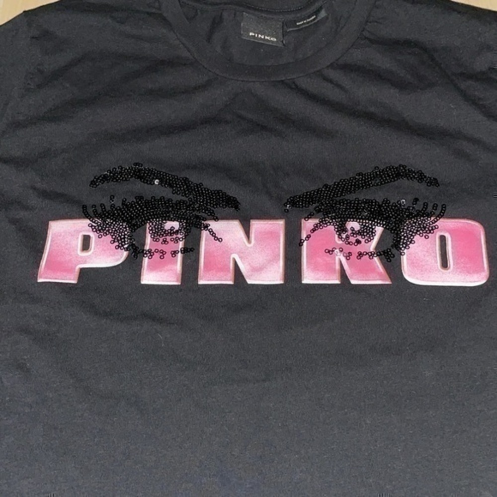 PINKO Sequined Eyes Logo Tee T-shirt in black w/ pink Italy pure 100% cotton XS - Picture 6 of 13